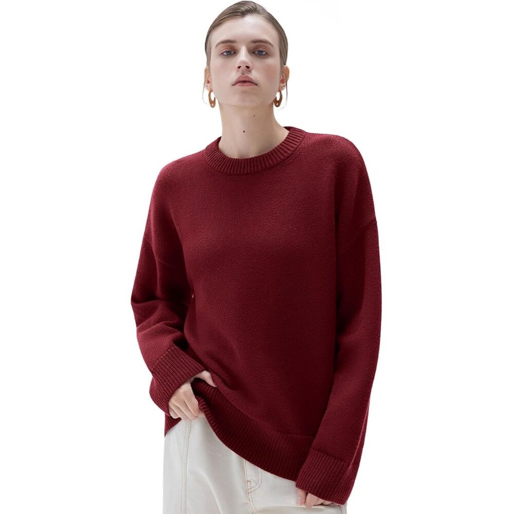 Women Cashmere Blend Oversized Crew Neck  Burgundy Soft Warm Pullover Sweater